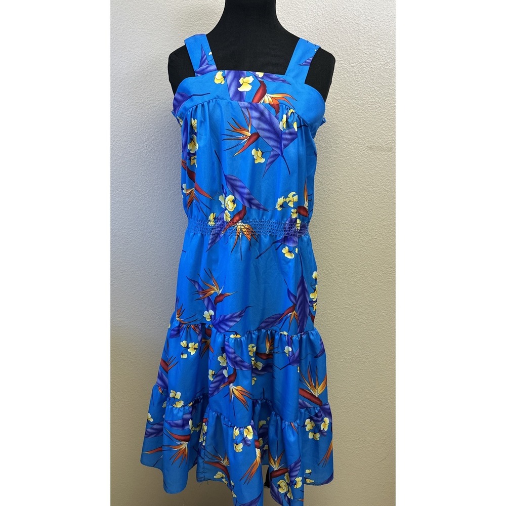 VTG Sweethearts Hawaii Midi  Dress Small tiered blue floral Island Beach‎